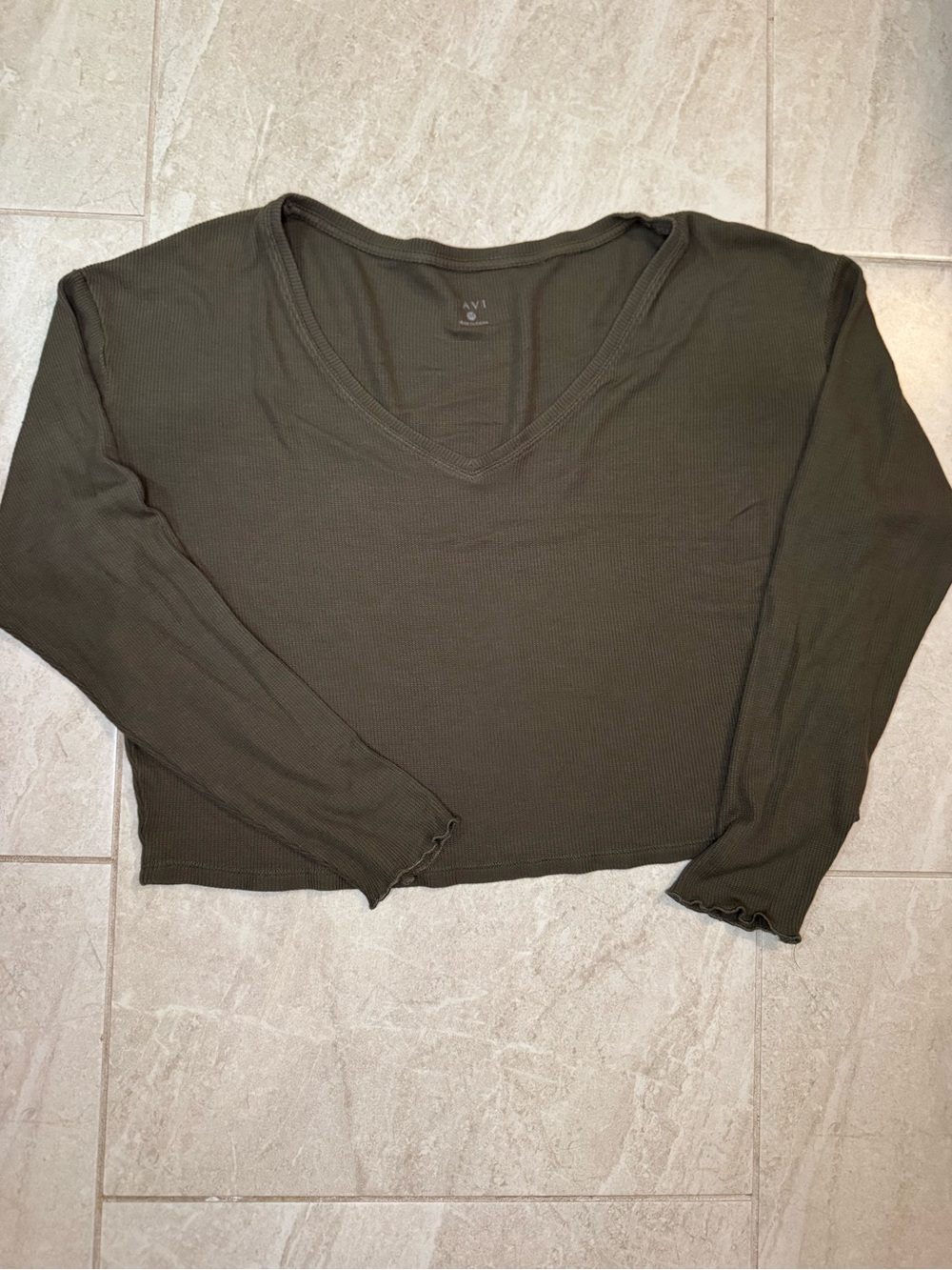 TAVI Olive V-Neck Ribbed Long Sleeve Top - Cropped